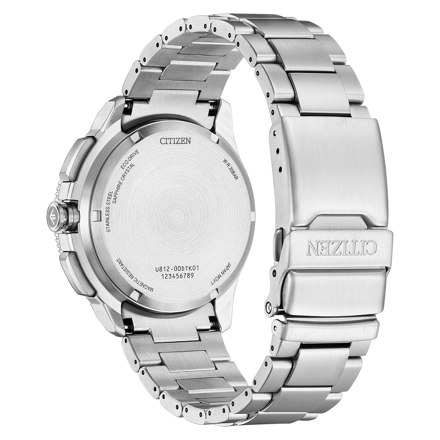 Vue arrière d'une montre Citizen en acier inoxydable avec Eco-Drive.