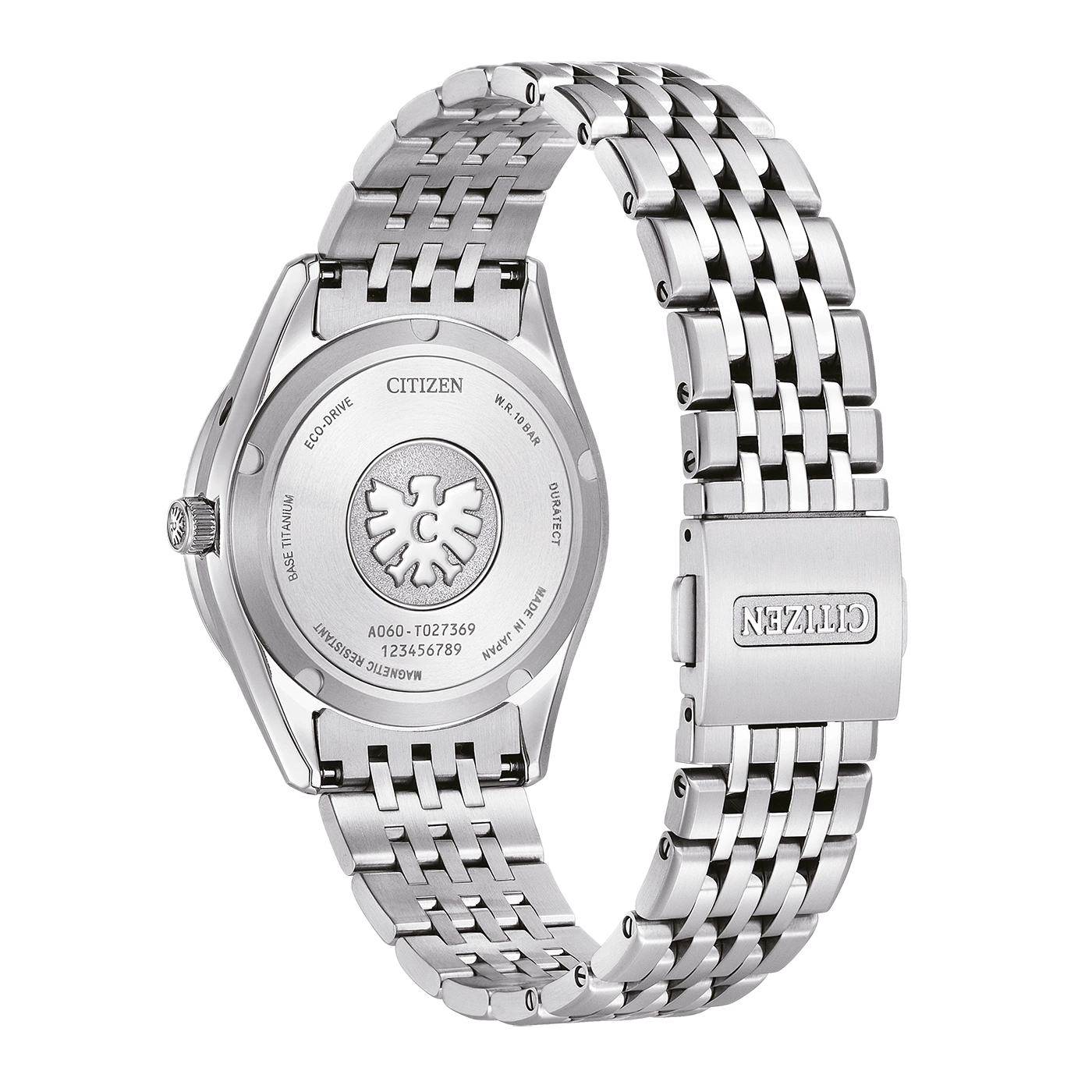 Dos d'une montre Citizen en titane avec logo et gravures.