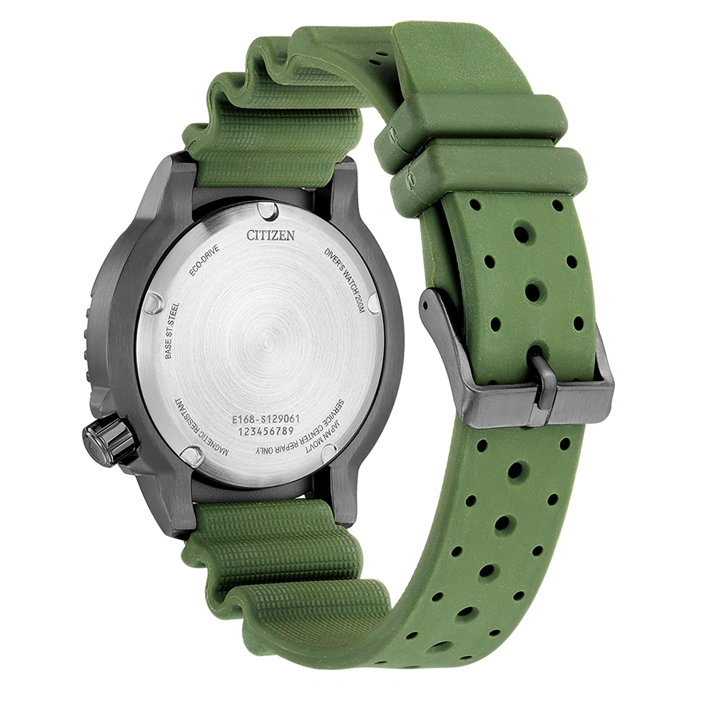Dos d'une montre Citizen verte avec bracelet en caoutchouc texturé.