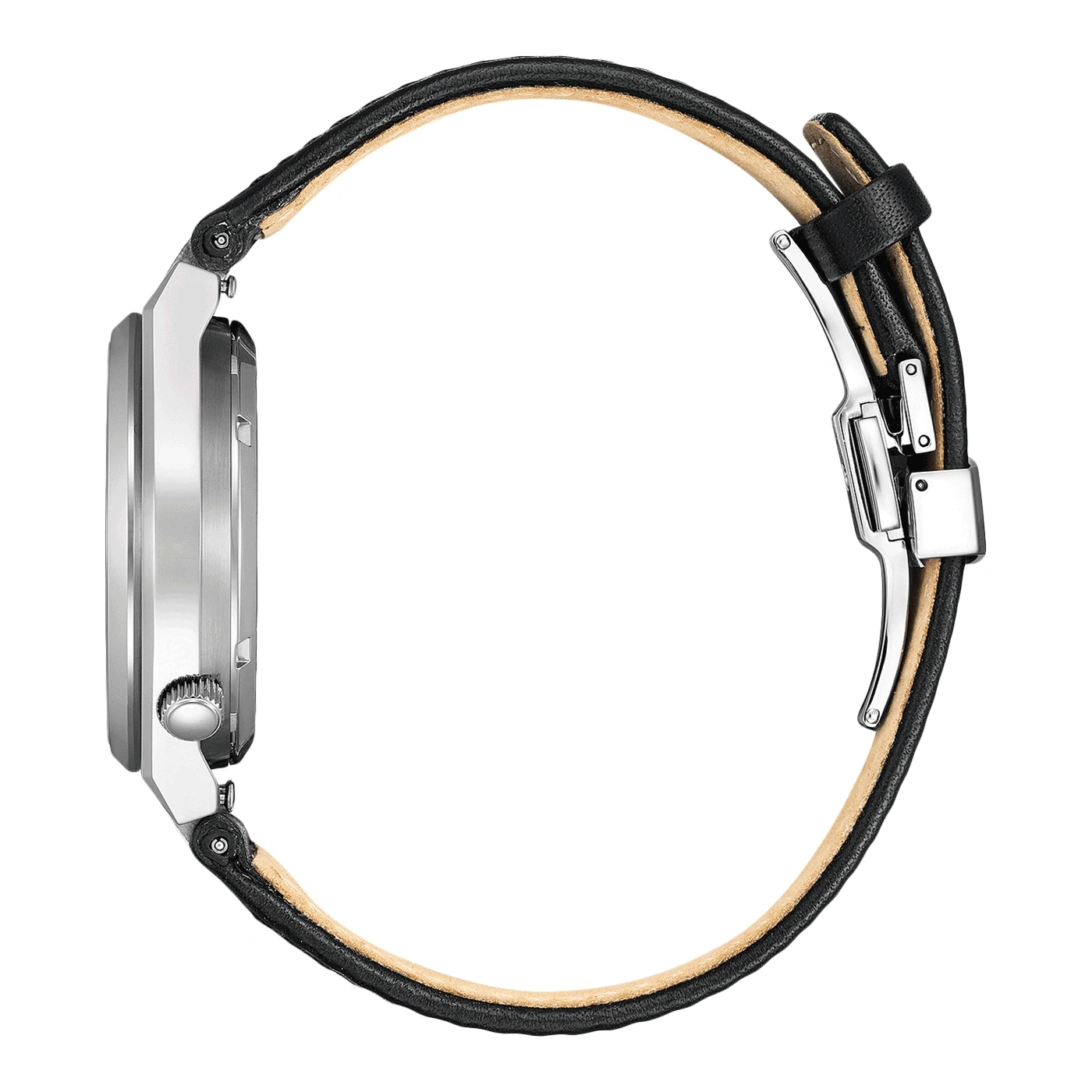 Montre à bracelet en cuir noir et boucle déployante en argent