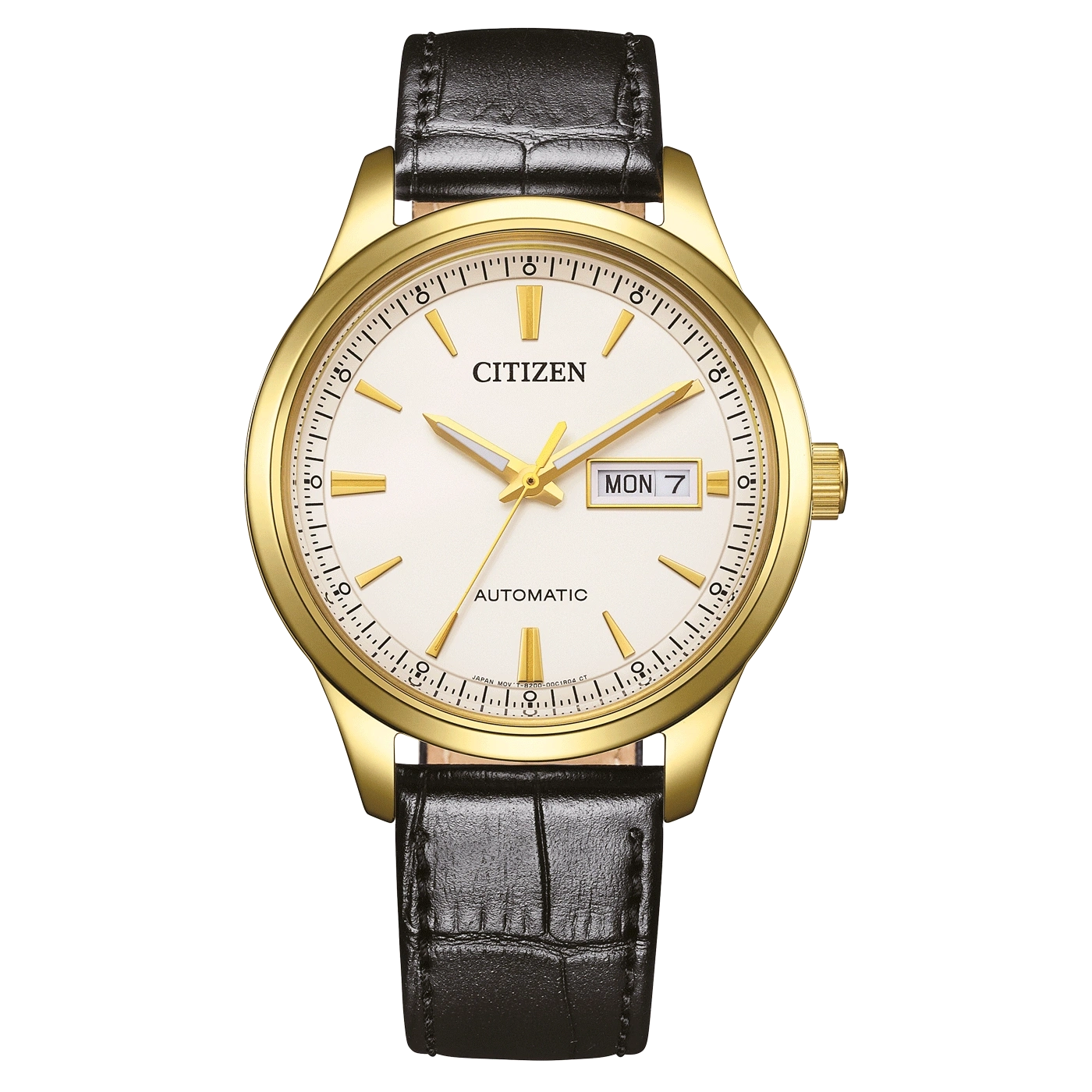 Montre Citizen dorée avec bracelet en cuir noir et cadran blanc.
