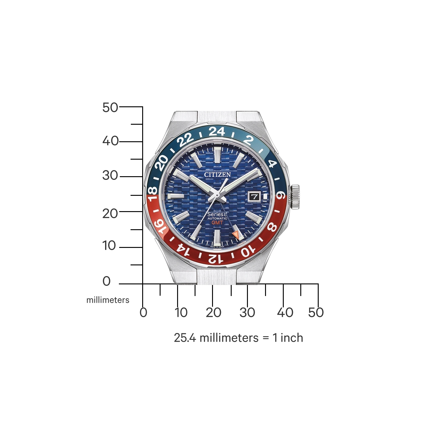 Montre Citizen avec cadran bleu et lunette rouge et bleue, mesurée en millimètres.