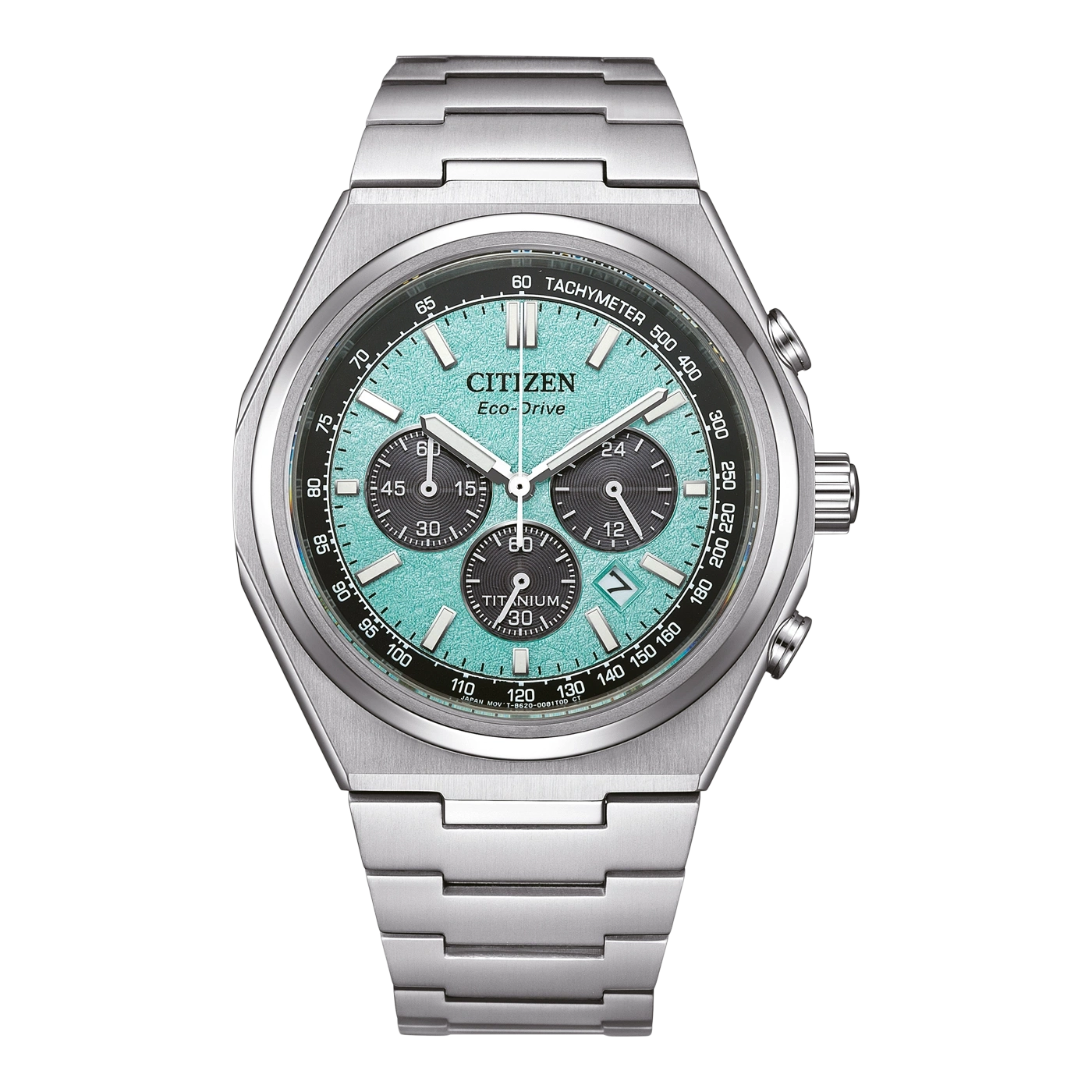 Montre Citizen Eco-Drive en titane avec cadran bleu sarcelle et bracelet métallique.