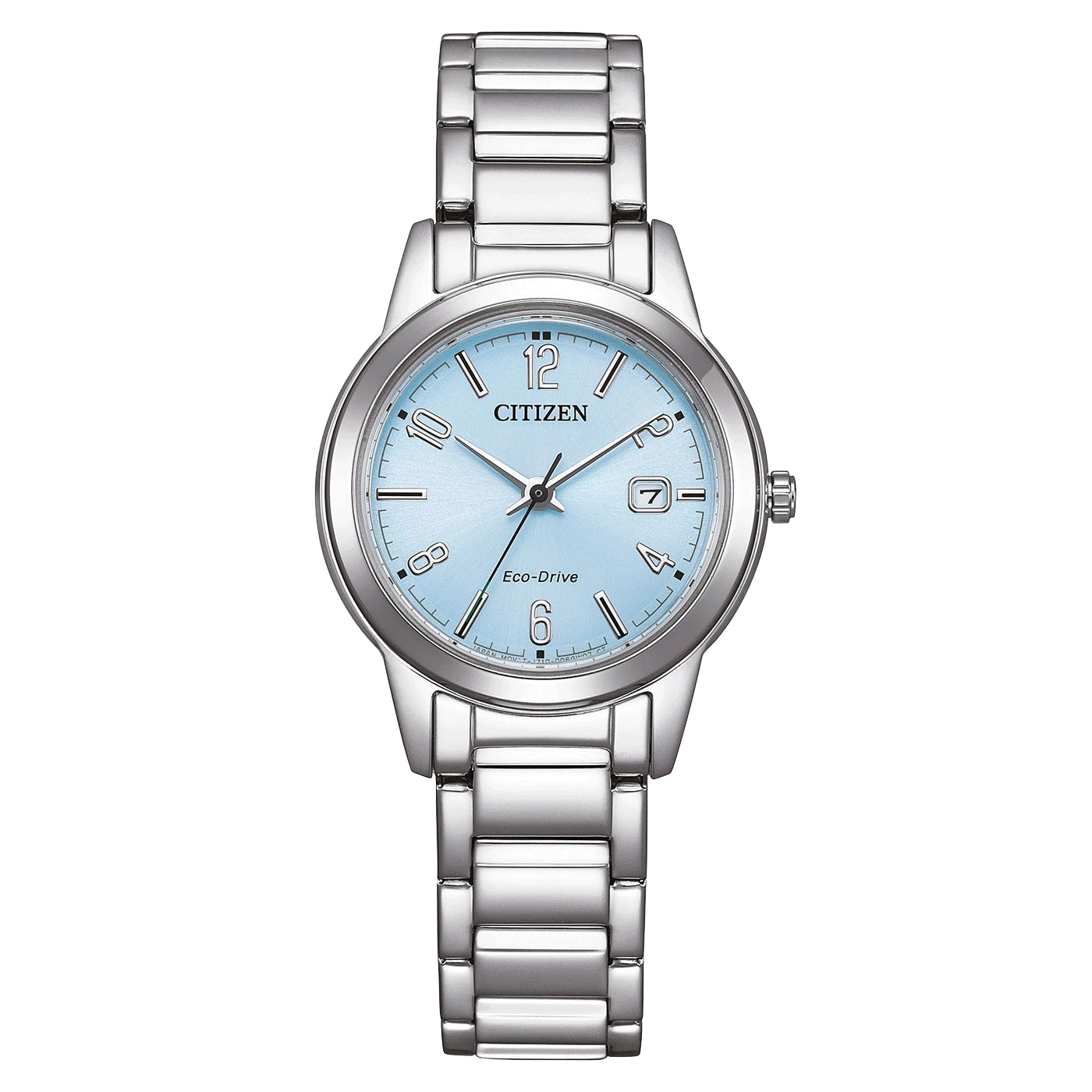 Une montre Citizen Eco-Drive argentée à cadran bleu clair