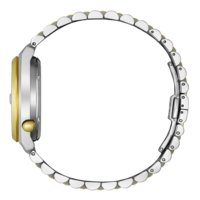 Vue latérale d'une montre-bracelet argent et or avec un bracelet en métal.