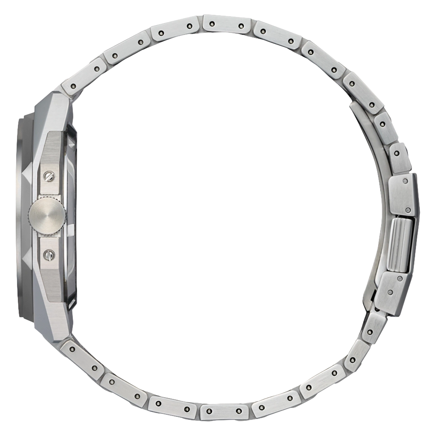 Montre bracelet en métal argenté vue de profil sur fond blanc.