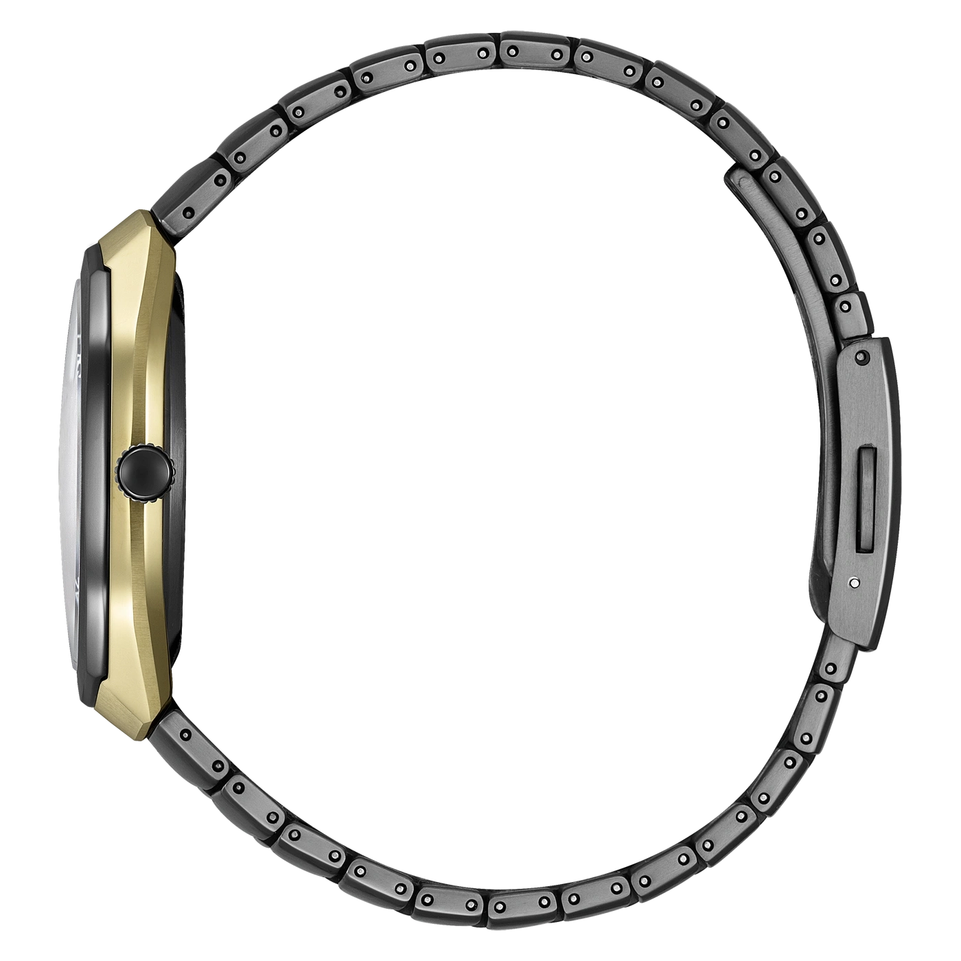 Uhr mit silbernem Metallarmband und goldenem Gehäuse.