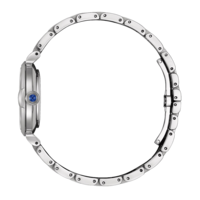 Montre bracelet en argent avec une pierre bleue sur la couronne.