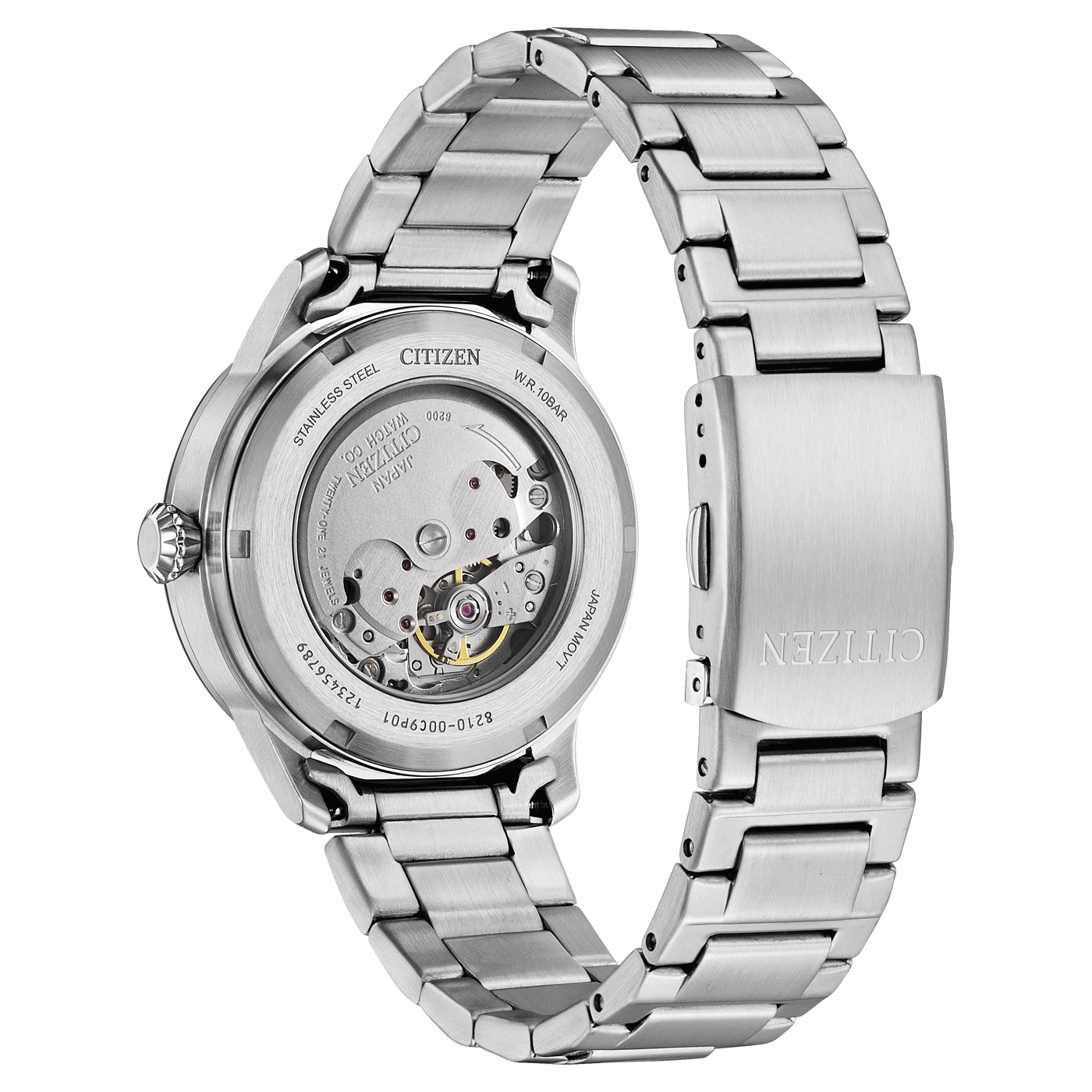 Montre bracelet en acier inoxydable avec mouvement visible à l'arrière et fermoir gravé CITIZEN.