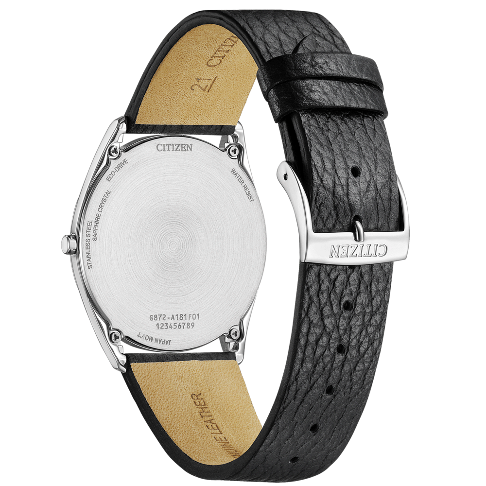 Dos de montre Citizen avec bracelet en cuir, acier inoxydable, cristal saphir, eco-drive