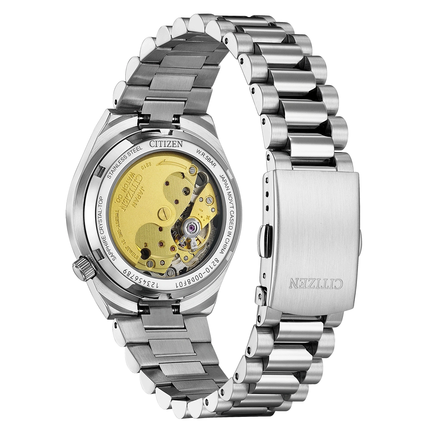 Vue arrière d'une montre Citizen avec mouvement apparent et bracelet en acier inoxydable.