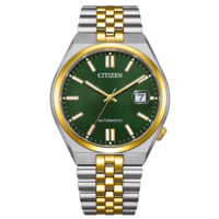 Montre Citizen avec cadran vert, bracelet or et argent, mouvement automatique