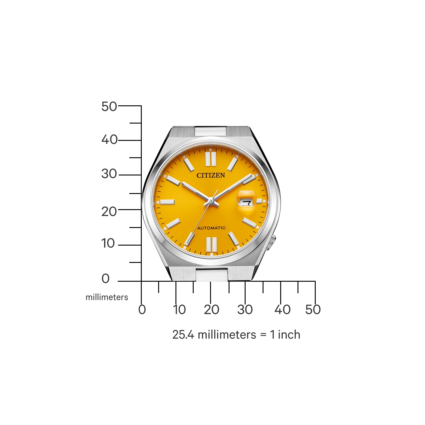 Een gele Citizen automatische horloge met liniaal