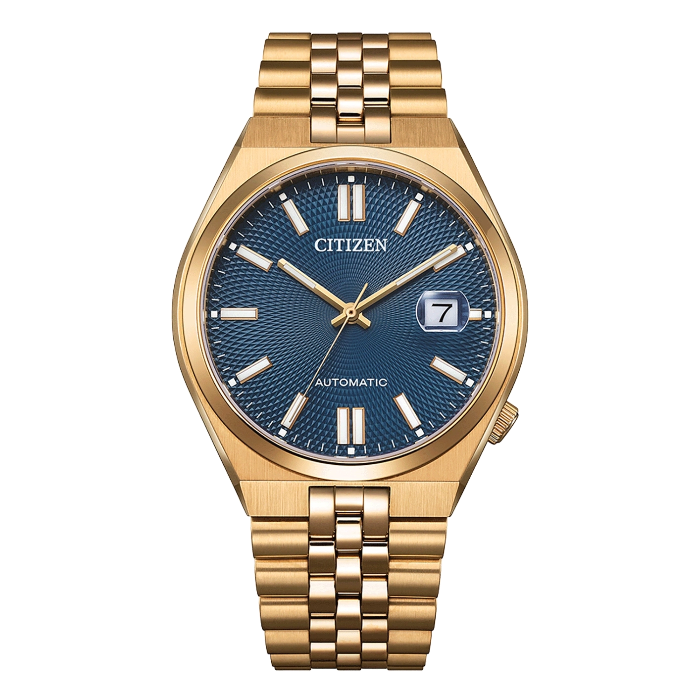 Montre Citizen automatique dorée à cadran bleu et bracelet assorti.