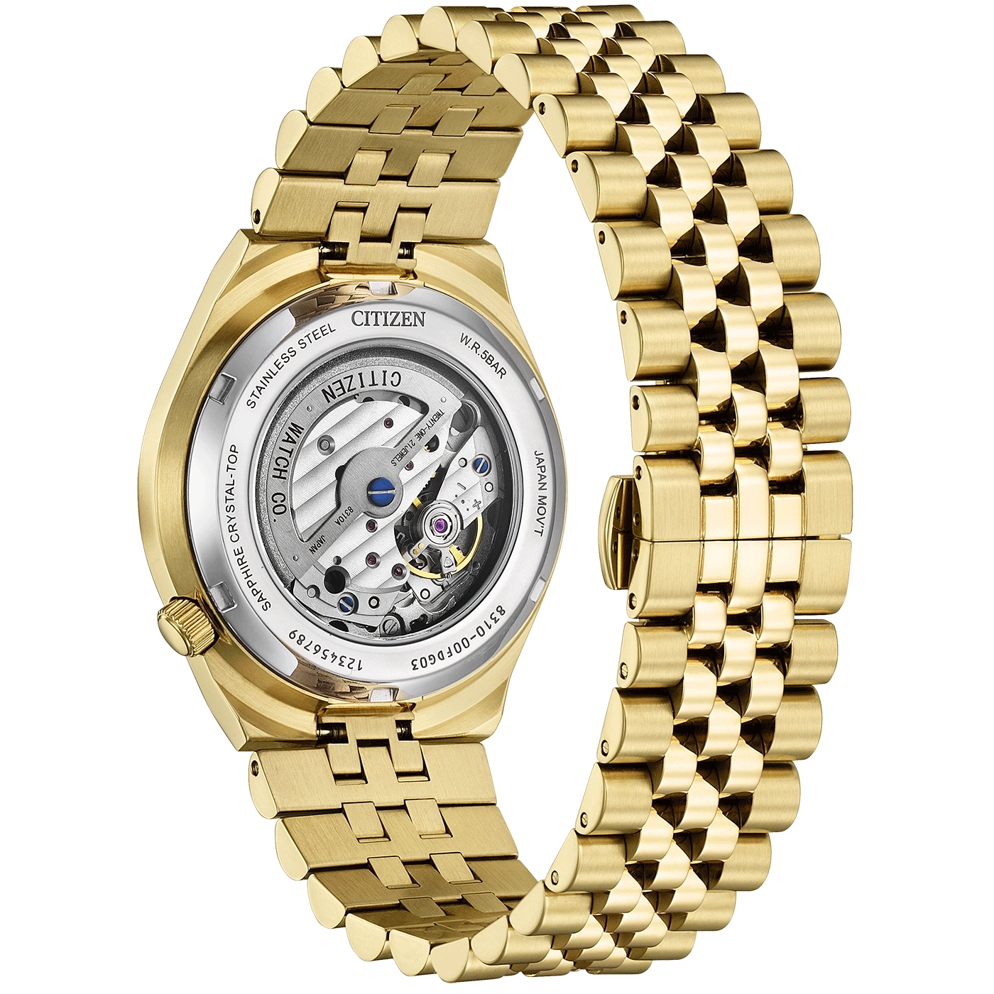 Een gouden Citizen horloge met een gouden band en zichtbaar uurwerk.