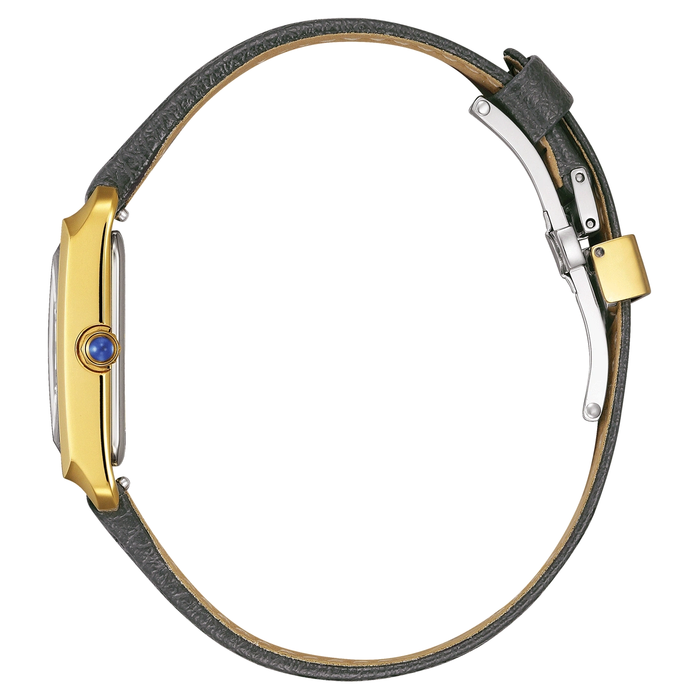 Montre dorée avec bracelet en cuir noir et fermoir métallique