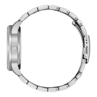 Montre argentée avec bracelet en métal, vue latérale, isolée sur fond blanc.