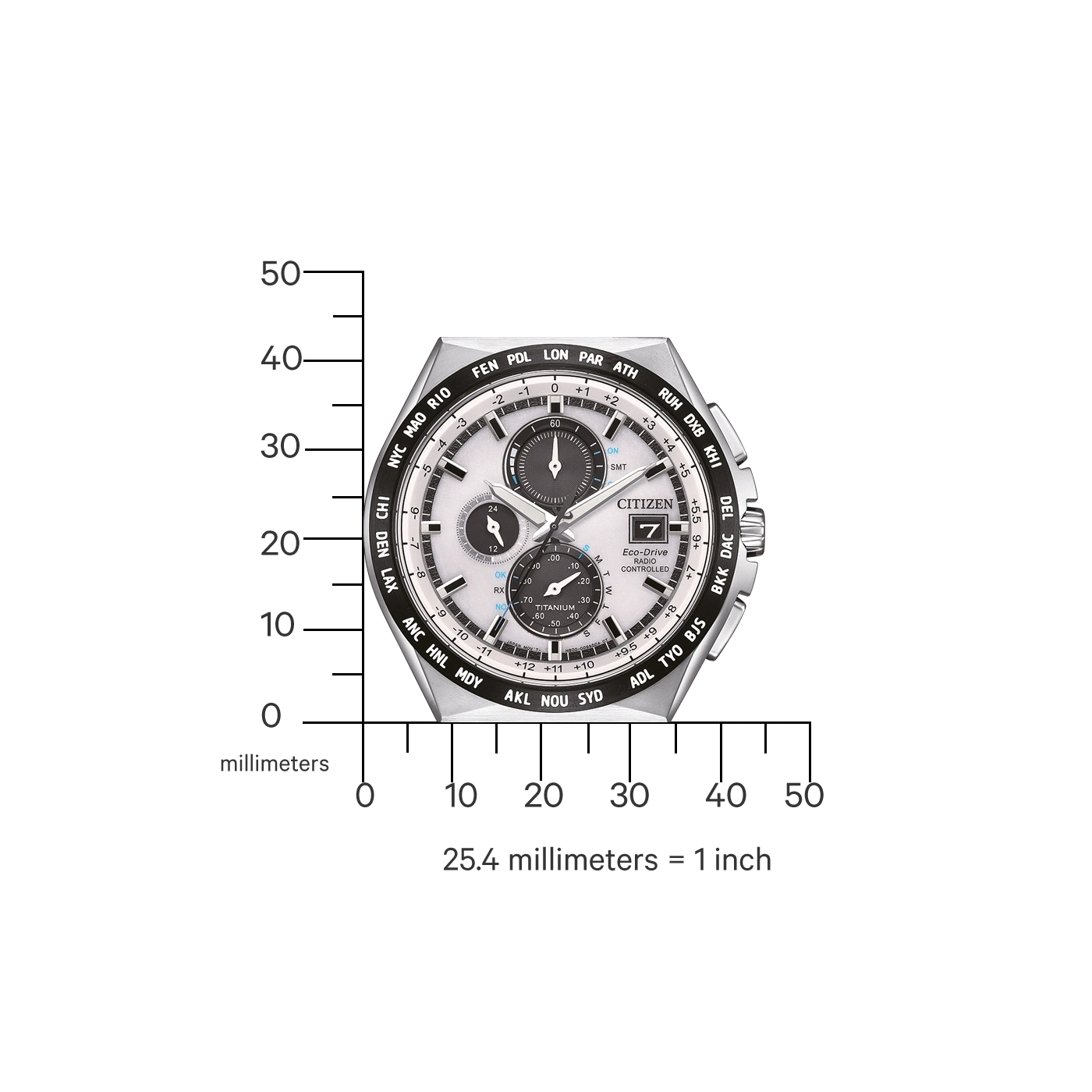 Une montre Citizen Eco-Drive Radio Controlled avec des villes du monde sur le cadran.
