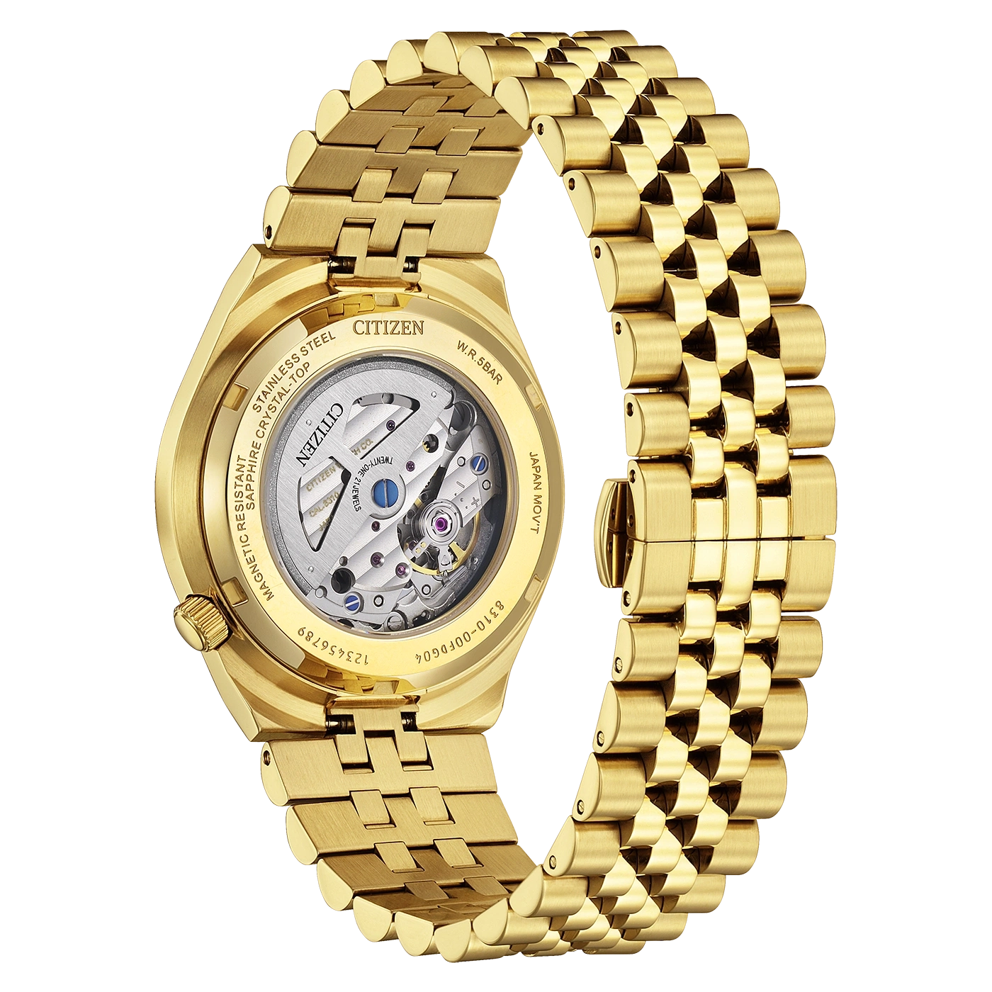 Gouden Citizen horloge met zichtbaar uurwerk en metalen band.
