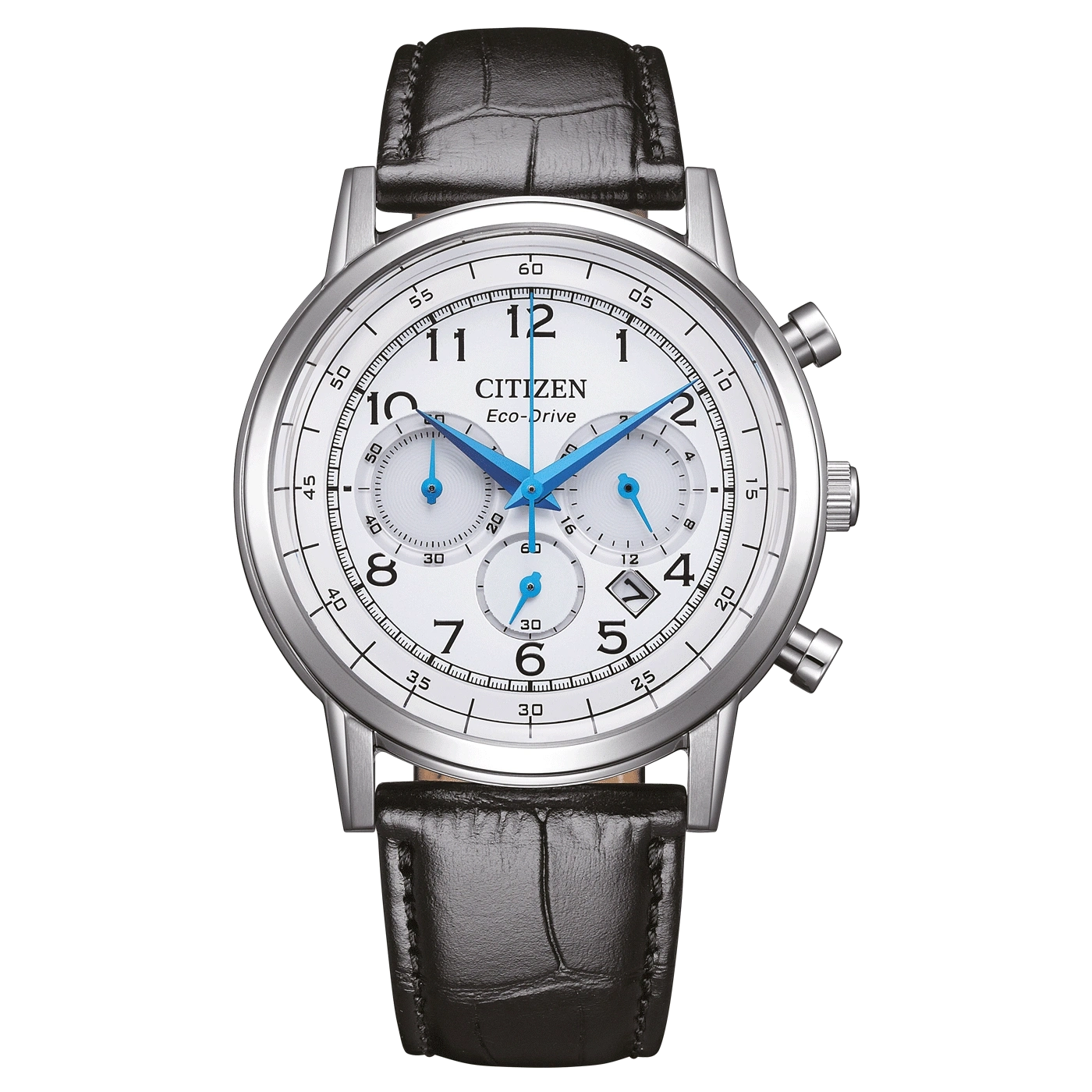 Une montre Citizen Eco-Drive avec bracelet en cuir noir.