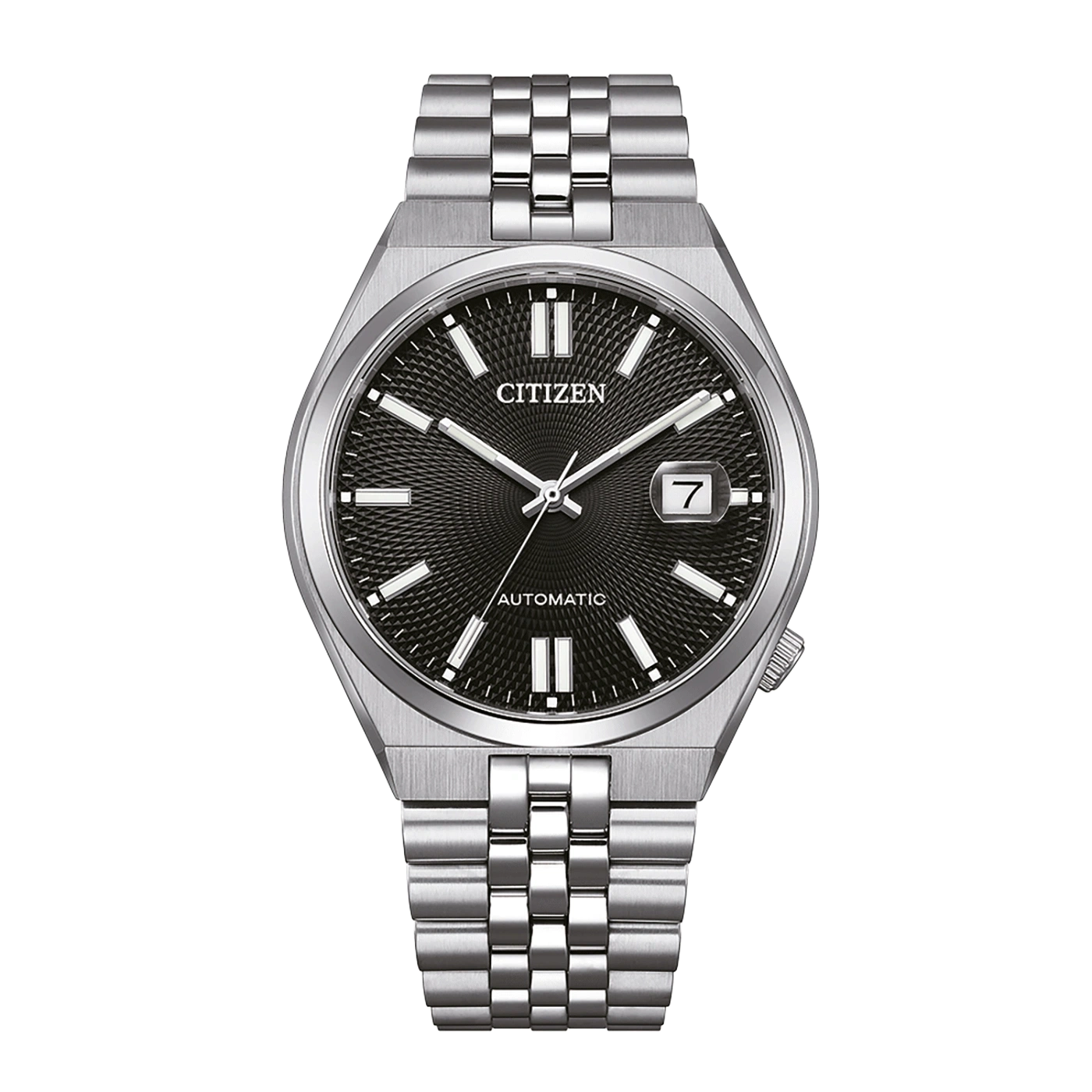 Montre Citizen automatique argentée avec cadran noir et index argentés.