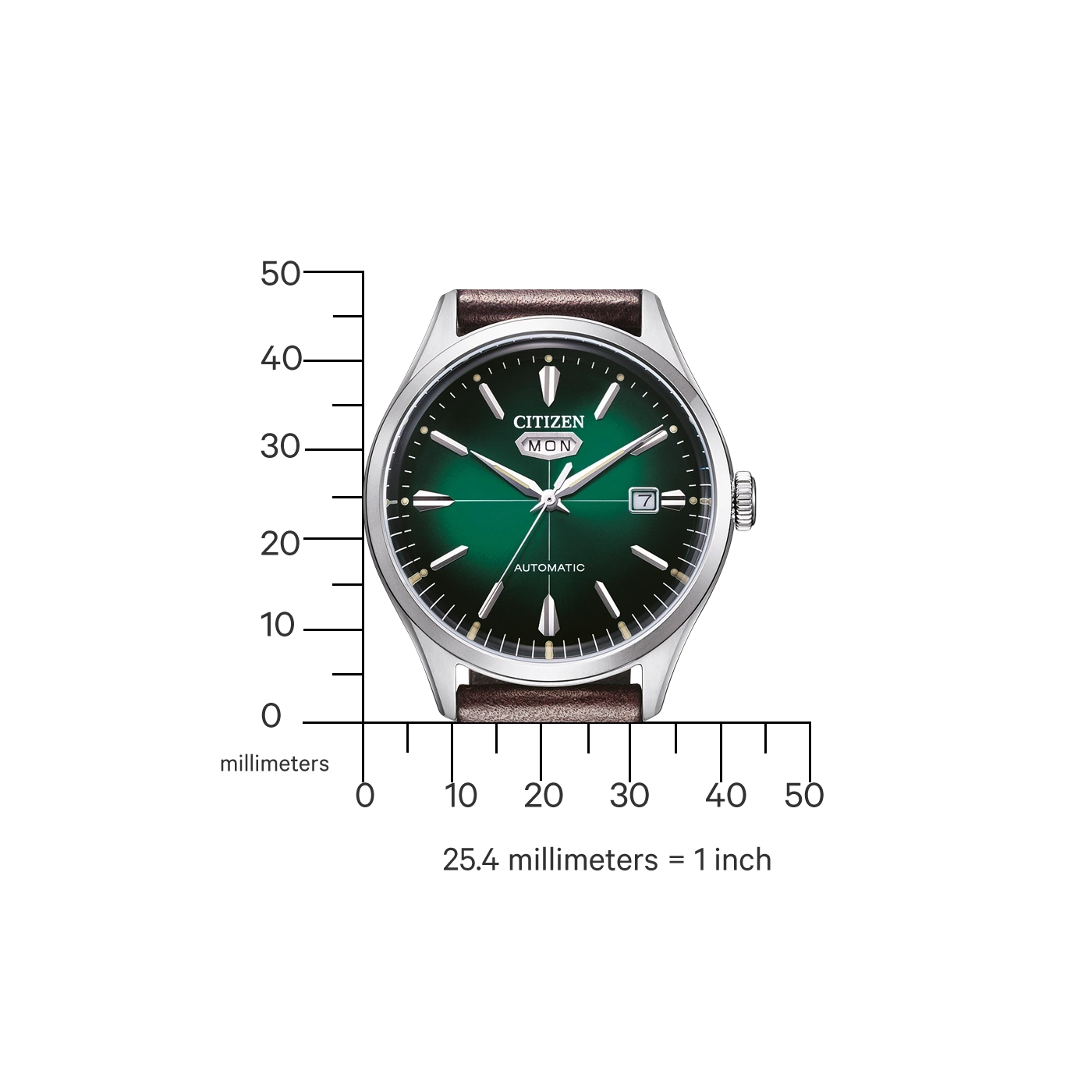 Groene Citizen automatische horloge met bruine leren band en meetlat.