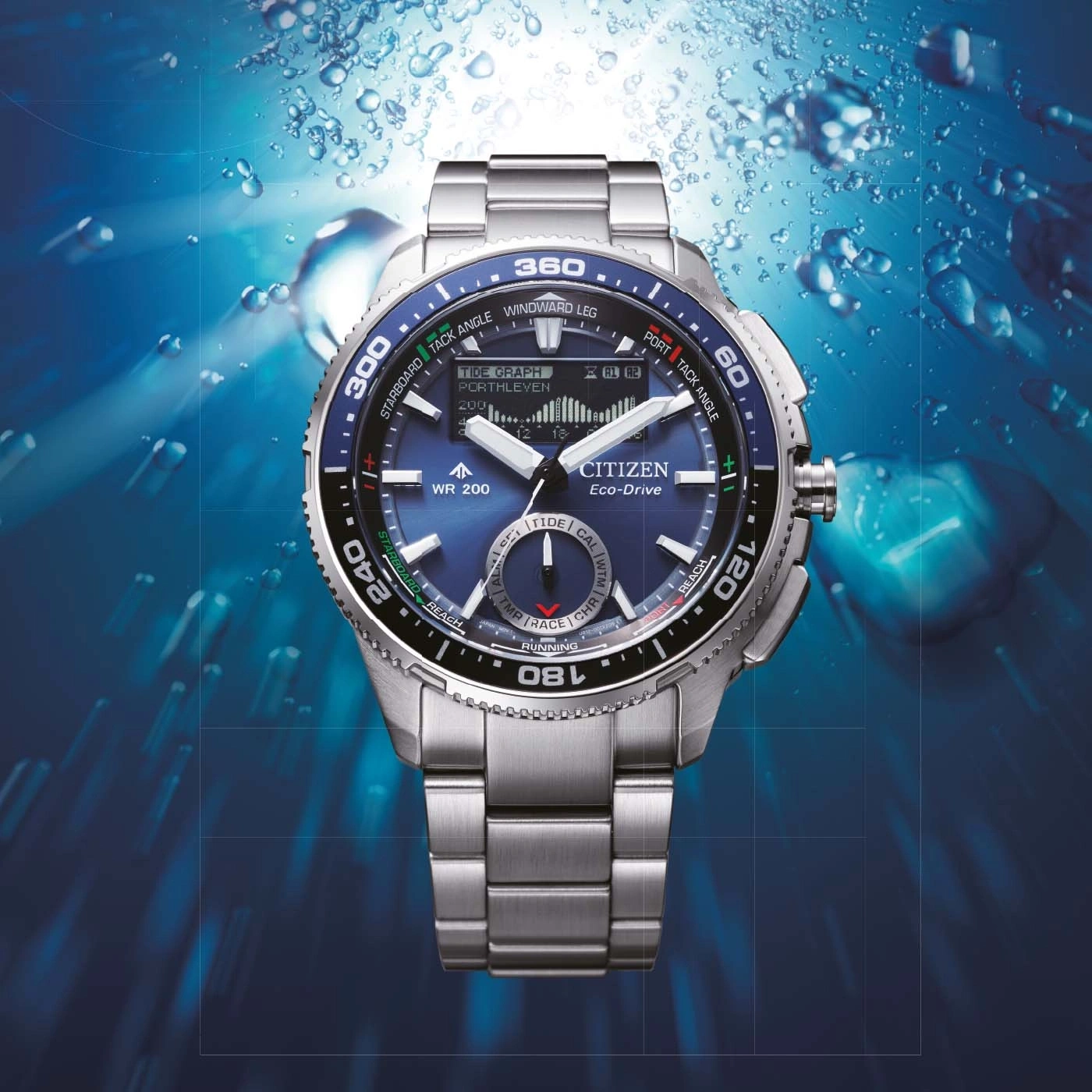 Eine Citizen Eco-Drive Taucheruhr mit einem silbernen Armband.