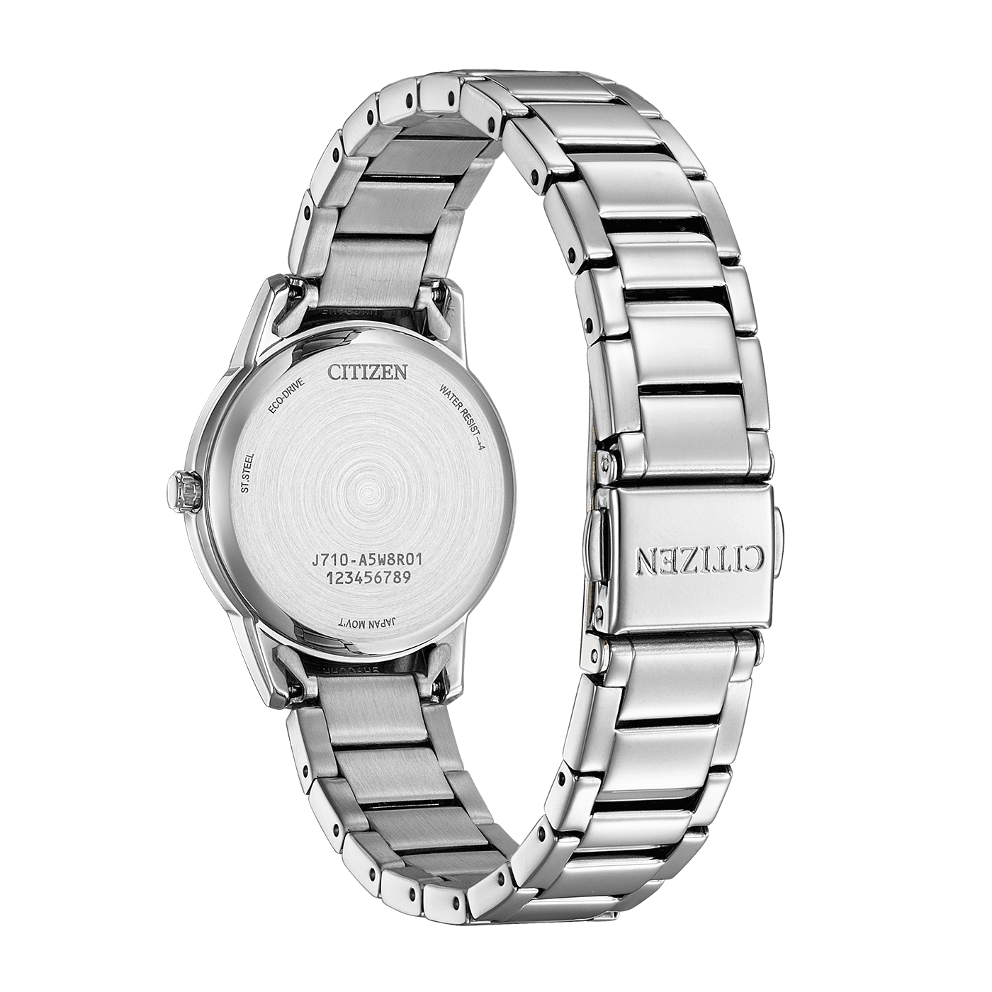 Dos de montre Citizen, acier inoxydable, Eco-Drive, résistant à l'eau, mouvement japonais.