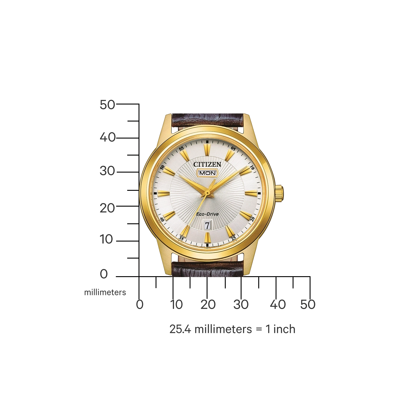 Montre Citizen Eco-Drive en or avec bracelet en cuir marron et échelle millimétrique.