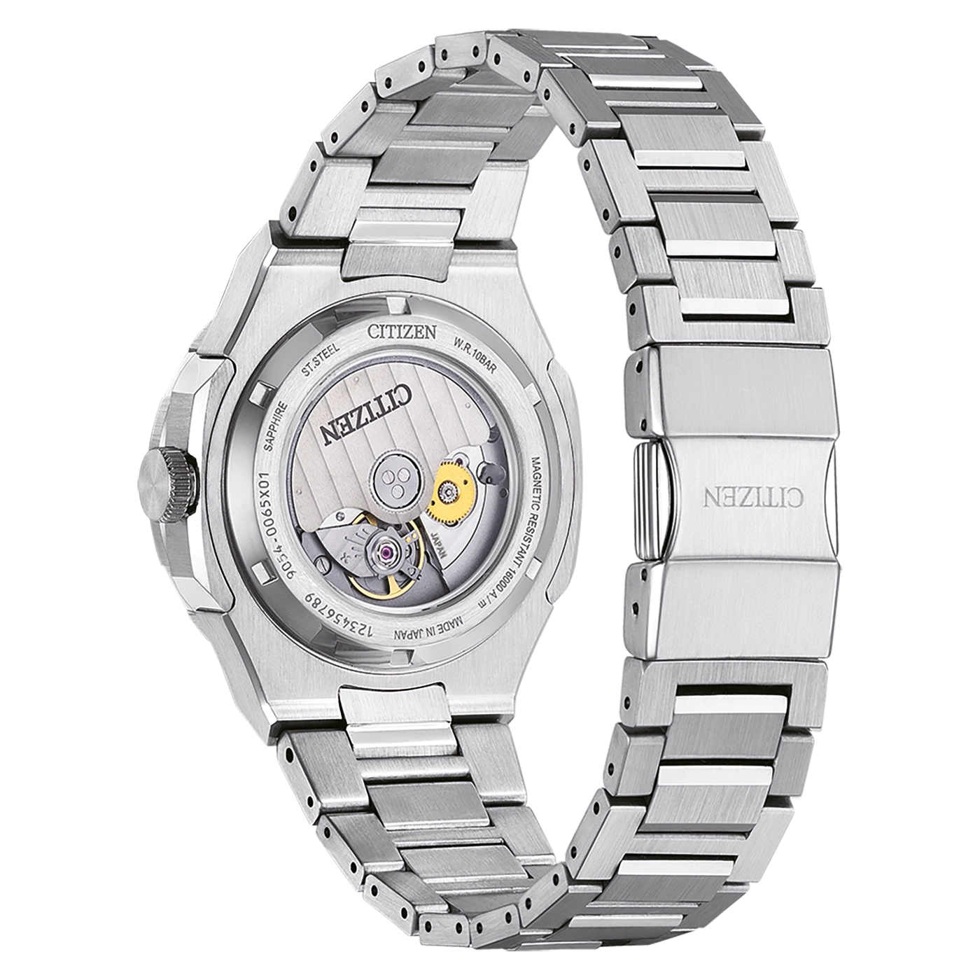 Montre Citizen en acier inoxydable avec mouvement apparent sur le dos.