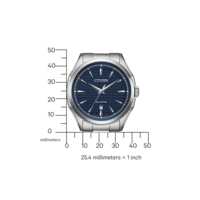 Montre Citizen avec cadran bleu, Eco-Drive et bracelet argenté. 25,4 millimètres = 1 pouce.