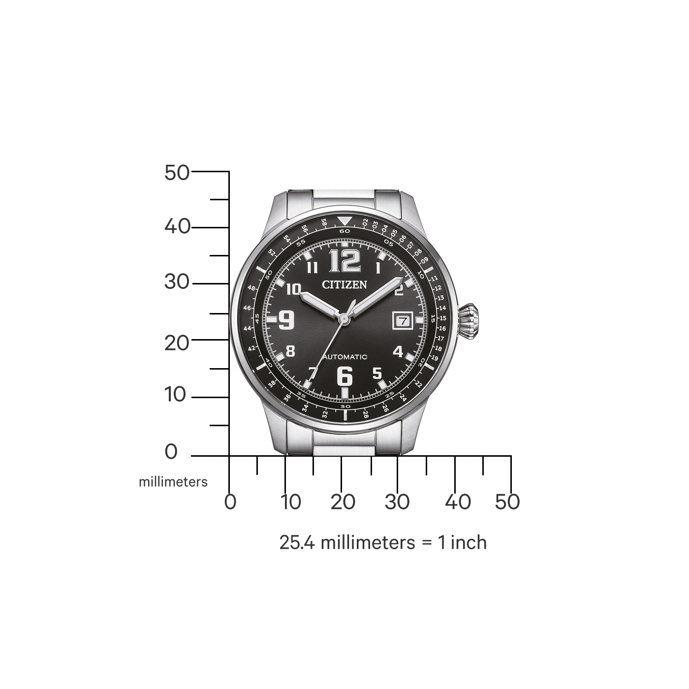 Montre Citizen sur fond blanc avec une échelle de mesure en millimètres.