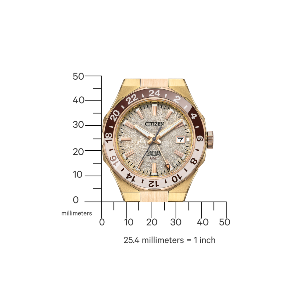 Montre Citizen avec lunette dorée et affichage de la date, mesurant en millimètres.