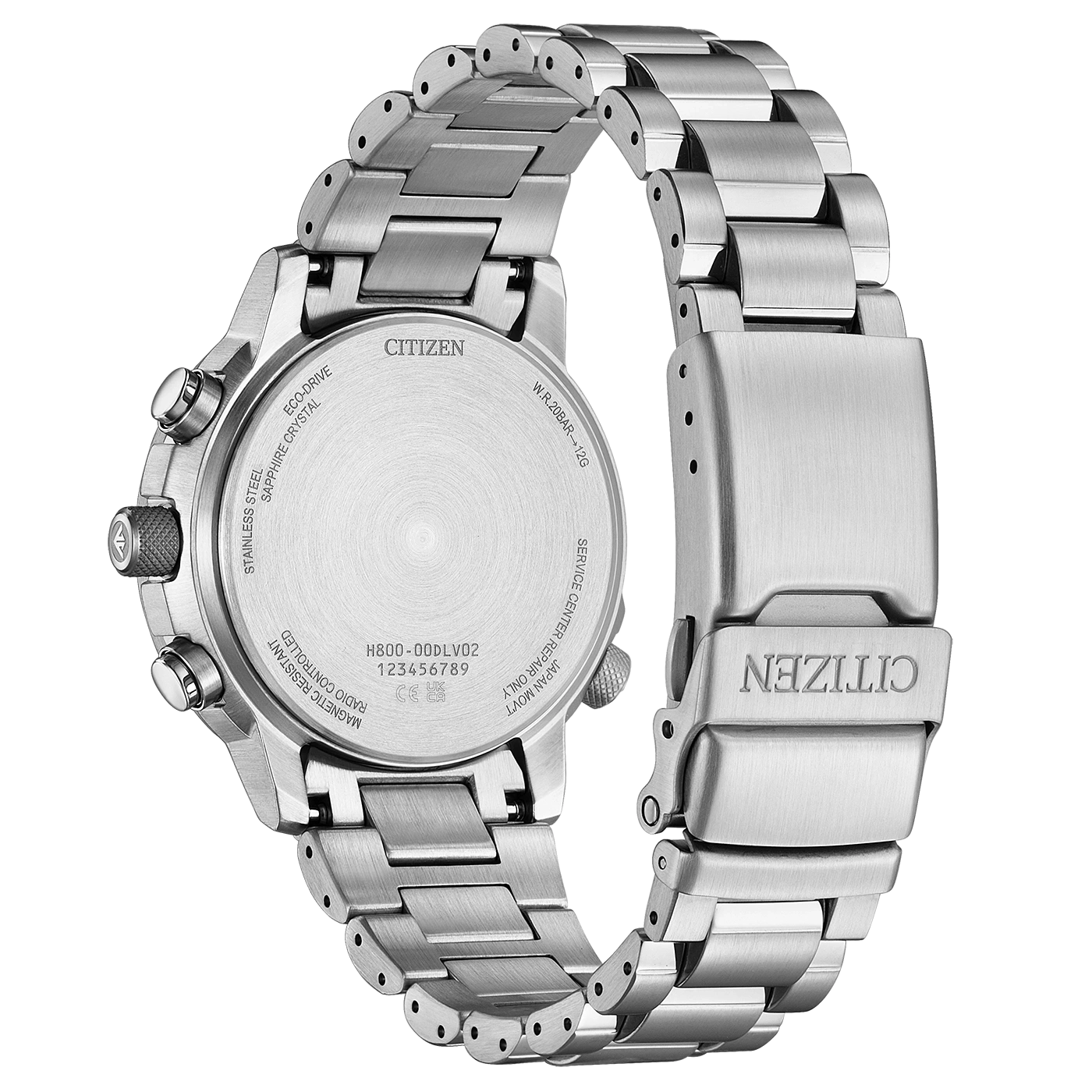 Le dos d'une montre Citizen en acier inoxydable brossé.