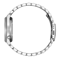 Vue latérale d'une montre-bracelet argentée avec un bracelet en métal, isolée sur blanc.
