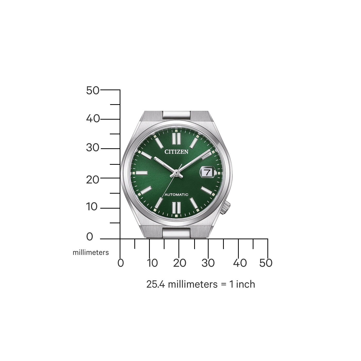 Groen Citizen horloge met een millimeterschaal ernaast.