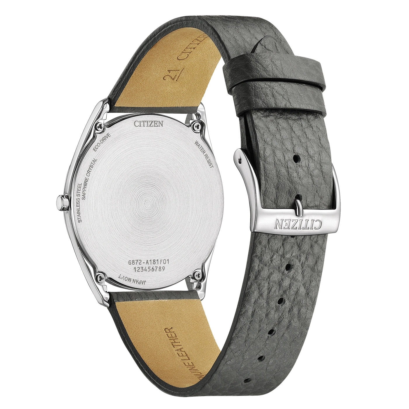 Dos d'une montre Citizen en cuir gris avec gravures