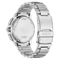Rückansicht einer Citizen-Uhr aus Edelstahl mit Eco-Drive.