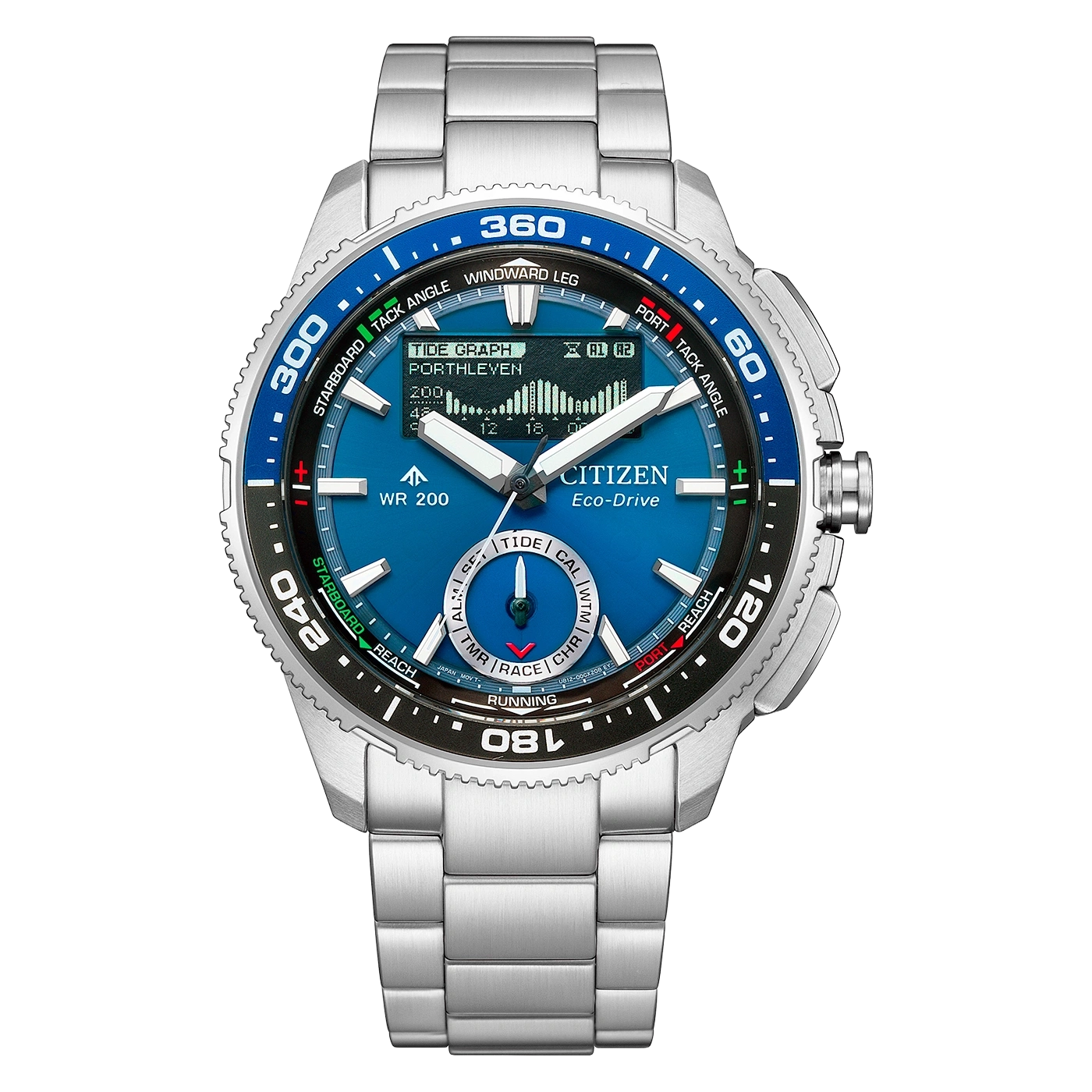 Une montre Citizen Eco-Drive bleue avec un bracelet en argent et des détails bleus et blancs.