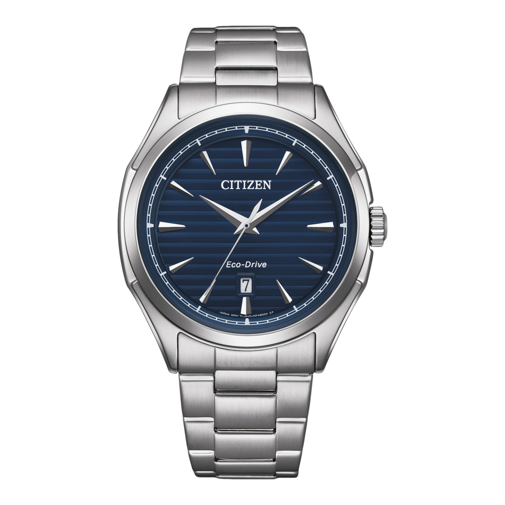 Montre Citizen avec cadran bleu et bracelet argenté, design élégant.