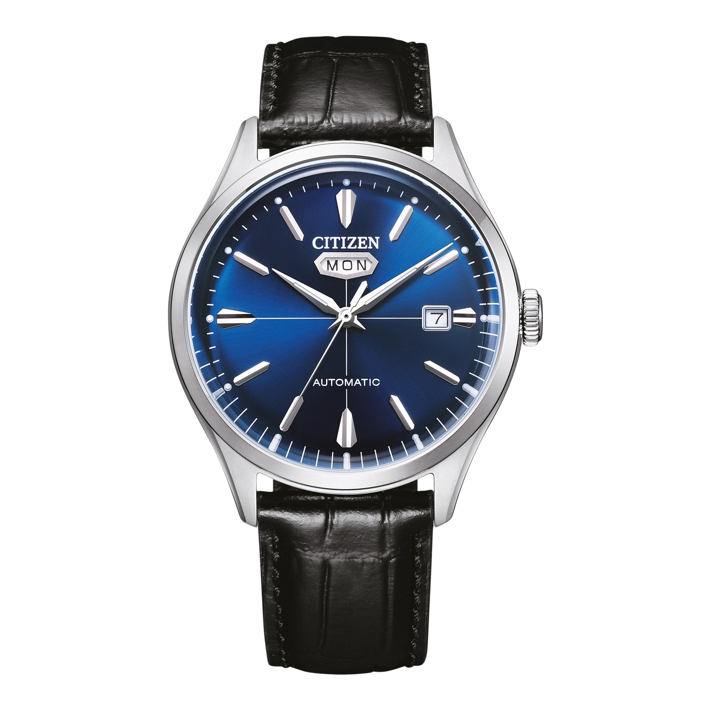 Montre Citizen automatique bleue avec bracelet en cuir noir.