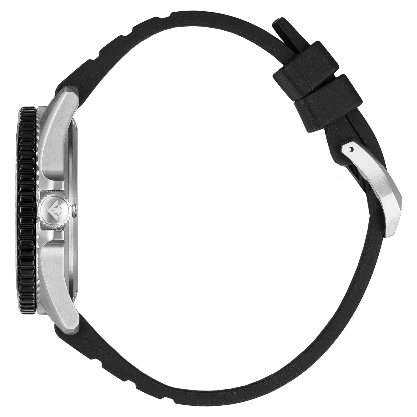 Montre à bracelet noir, gros plan sur le boîtier et la lunette.