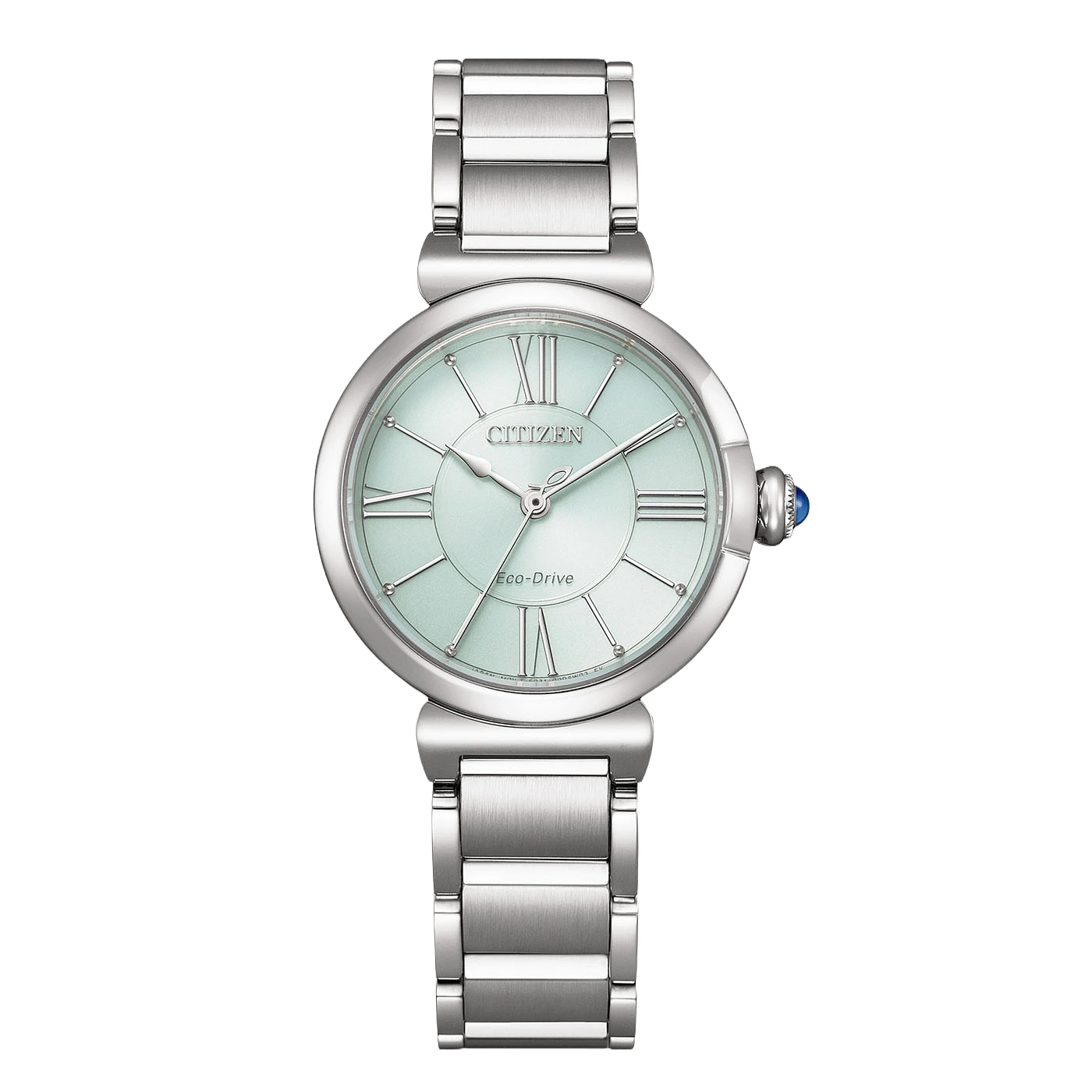 Montre Citizen argentée avec cadran pâle et bracelet métallique.
