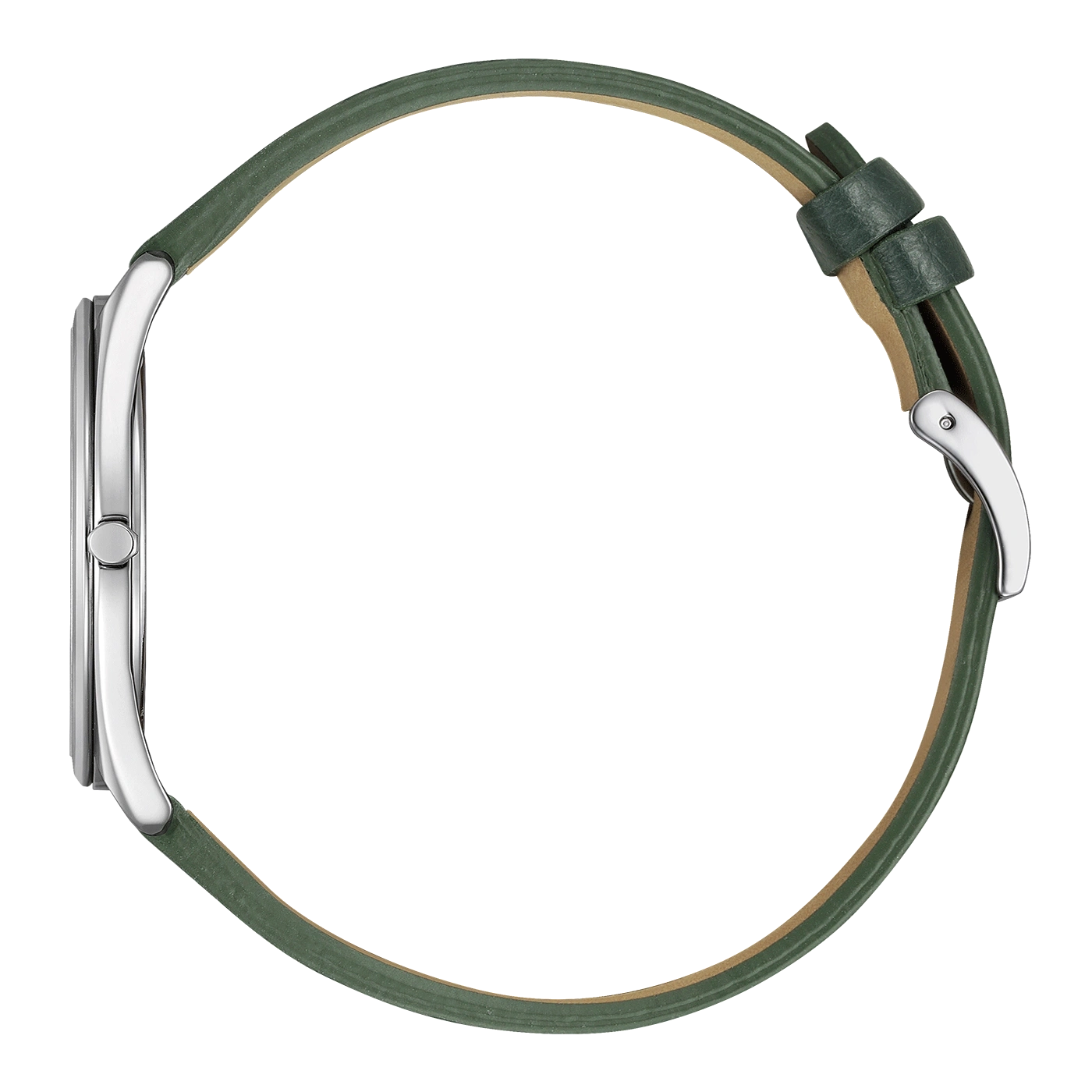 Montre avec bracelet en cuir vert sur fond blanc.