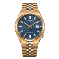 Montre Citizen dorée avec cadran bleu et affichage de la date, mouvement automatique.