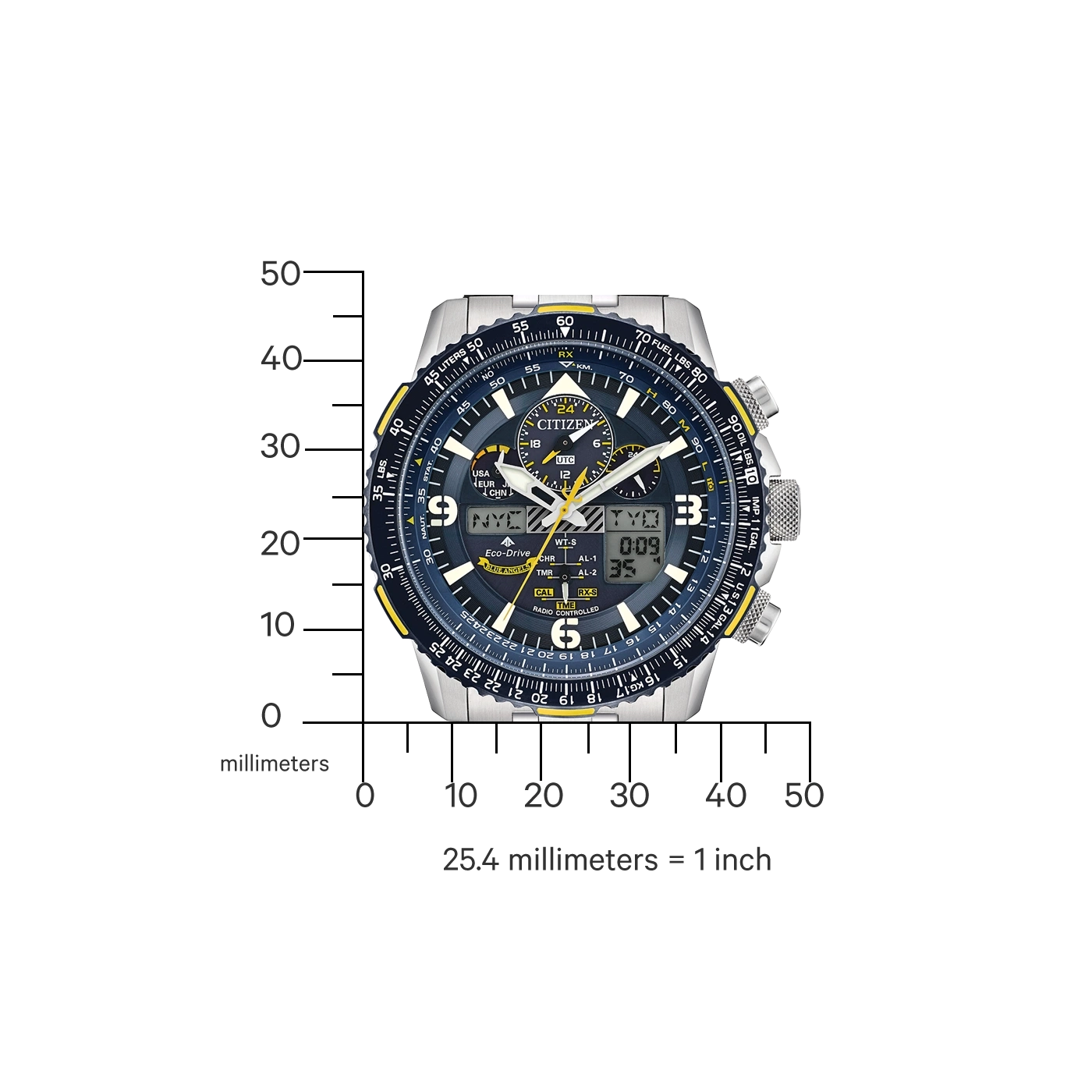 Montre Citizen Eco-Drive avec une lunette de plongée et un écran numérique, mesurée en millimètres.