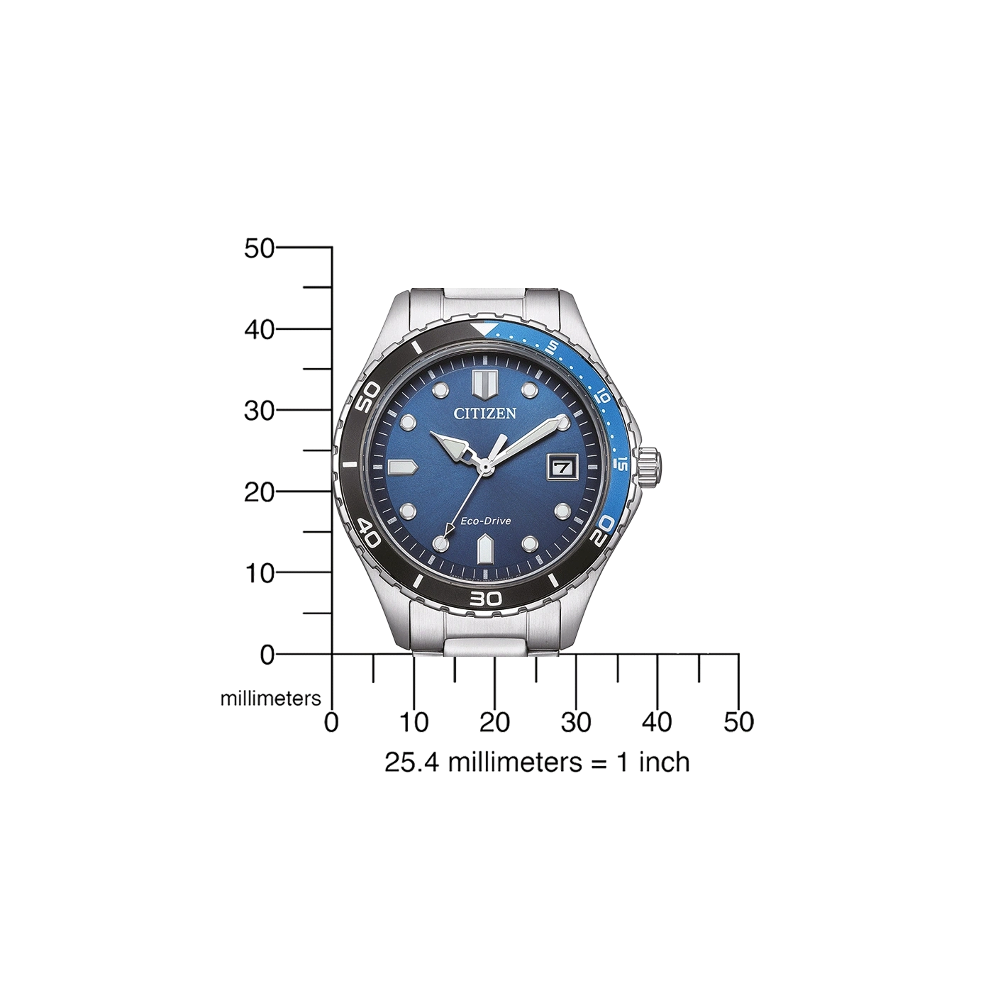 Montre Citizen Eco-Drive bleue avec échelle de mesure.