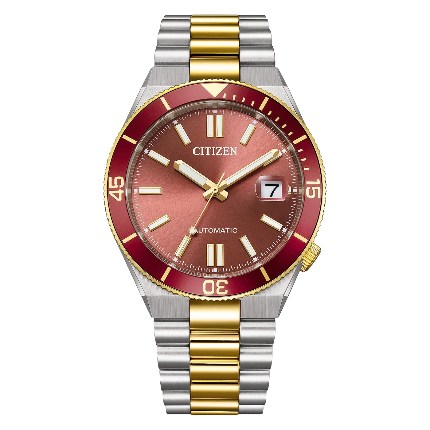 Montre Citizen automatique rouge et or, bracelet bicolore.