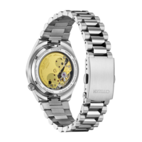 Dos de montre Citizen, mécanisme visible, acier inoxydable, bracelet, Japon.