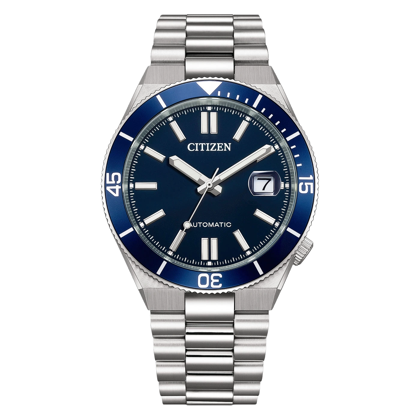 Montre bracelet automatique Citizen bleue avec lunette bleue et index argentés.